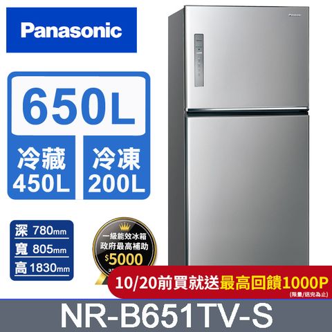 Panasonic 國際牌 無邊框鋼板650公升雙門冰箱NR-B651TV-S(晶漾銀)