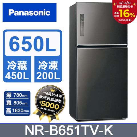 Panasonic 國際牌 無邊框鋼板650公升雙門冰箱NR-B651TV-K(晶漾黑)