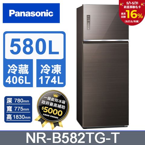 Panasonic 國際牌 台灣製580L新一級能源效率雙門玻璃冰箱(NR-B582TG-T) 曜石棕