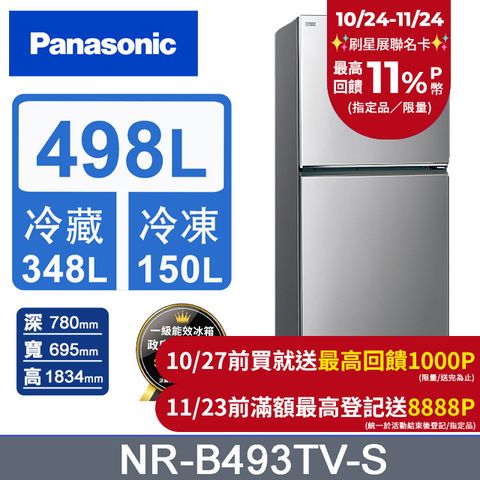 Panasonic 國際牌 無邊框鋼板498公升雙門冰箱NR-B493TV-S(晶漾銀)