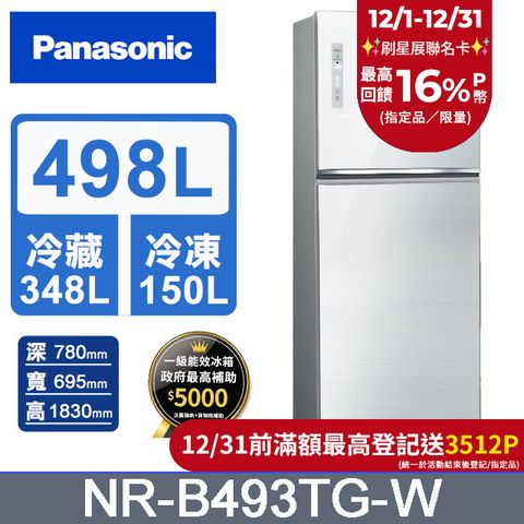 Panasonic 國際牌 無邊框玻璃498公升雙門冰箱NR-B493TG-W(翡翠白)