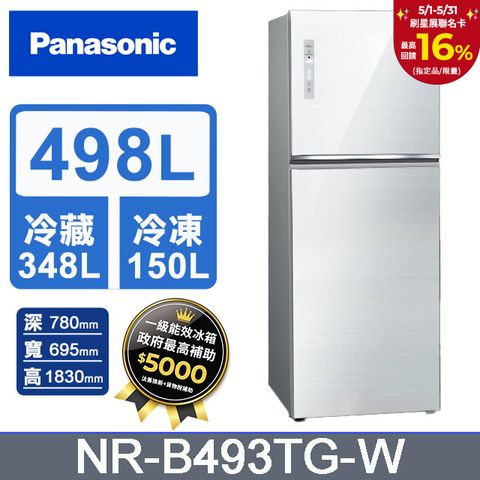 Panasonic 國際牌 498L一級能效智慧節能雙門變頻冰箱(NR-B493TG-W)
