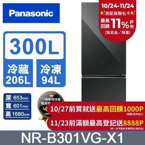 Panasonic 國際牌 300公升雙門冰箱NR-B301VG-X1(鑽石黑)