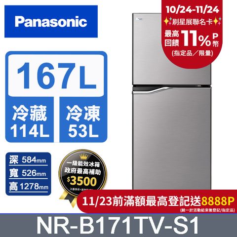 Panasonic 國際牌 ECONAVI 167公升雙門冰箱NR-B171TV-S1(晶鈦銀)