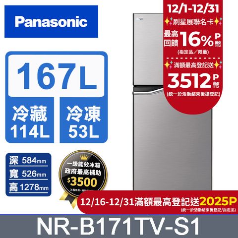 Panasonic 國際牌 ECONAVI 167公升雙門冰箱NR-B171TV-S1(晶鈦銀)