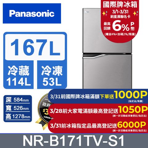 Panasonic國際牌 ECONAVI 167公升雙門冰箱NR-B171TV-S1(晶鈦銀)