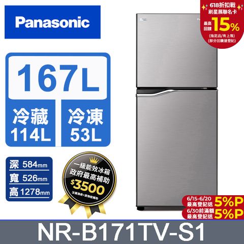 Panasonic國際牌 ECONAVI 167公升雙門冰箱NR-B171TV-S1(晶鈦銀)