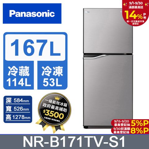 Panasonic國際牌 ECONAVI 167公升雙門冰箱NR-B171TV-S1(晶鈦銀)