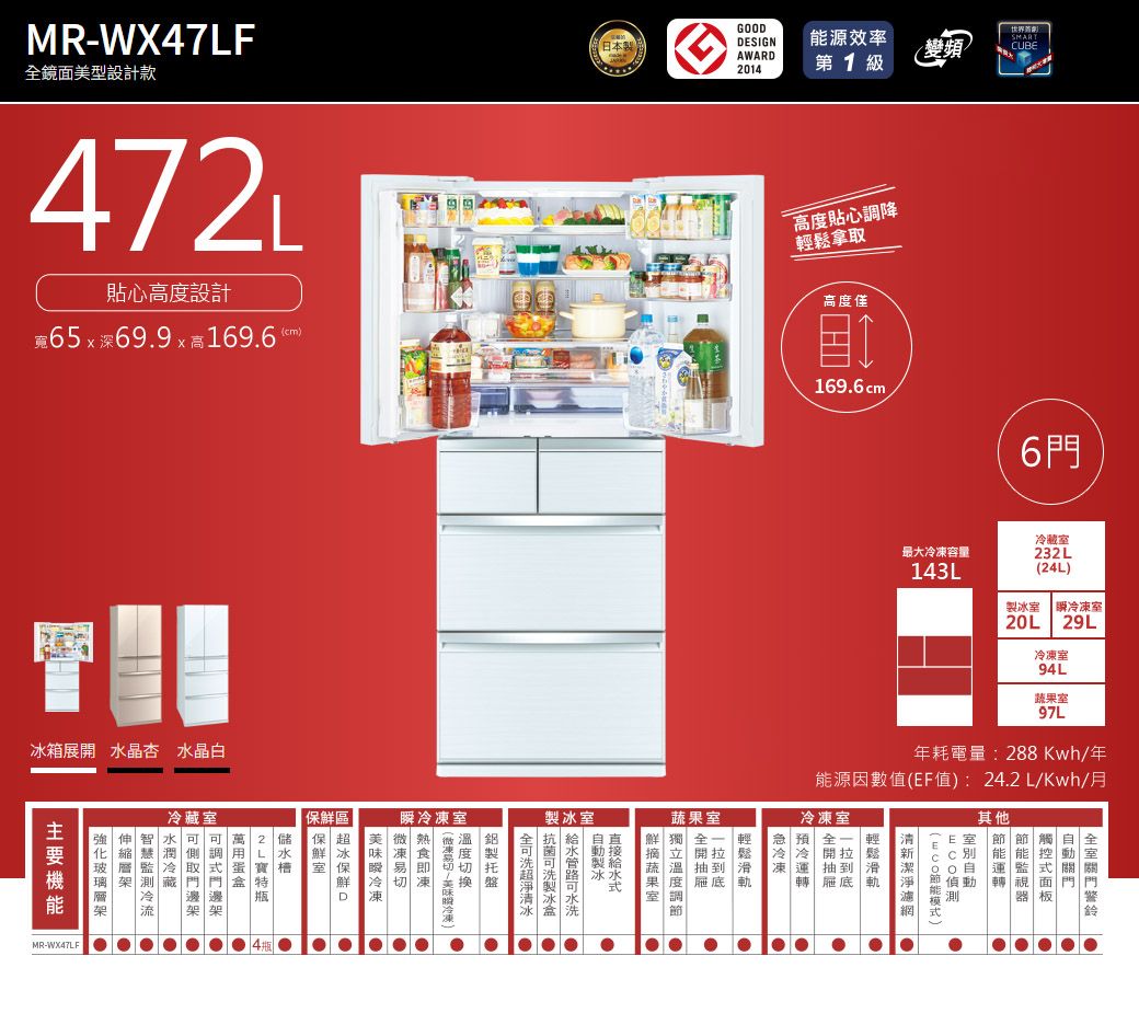 MITSUBISHI三菱472L日本原裝六門變頻電冰箱-水晶白(W) MR-WX47LF 