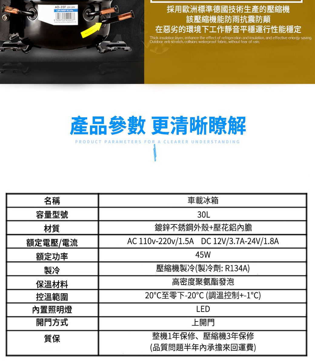 AD 採用歐洲標準德國技術生產的壓縮機該壓縮機能防雨抗震防顛在惡劣的環境下工作靜音平穩運行性能穩定Thick  layer enhance the effect of refrigeration  , and effective energy saving and   waterproof fabric, without  of 產品參數 更清晰瞭解PRODUCT PARAMETERS FOR A CLEARER UNDERSTANDING名稱容量型號材質額定電壓/電流額定功率製冷保溫材料控溫範圍內置照明燈開門方式質保車載冰箱30L鍍鋅不銹鋼外殼壓花鋁內膽AC 110v-220v/1.5A DC12V/3.7A-24V/1.8A45W壓縮機製冷(製冷劑:R134A)高密度聚氨酯發泡20至零下-20 (調溫控制+-1°C)LED上開門整機1年保修、壓縮機3年保修(品質問題半年內承擔來回運費)