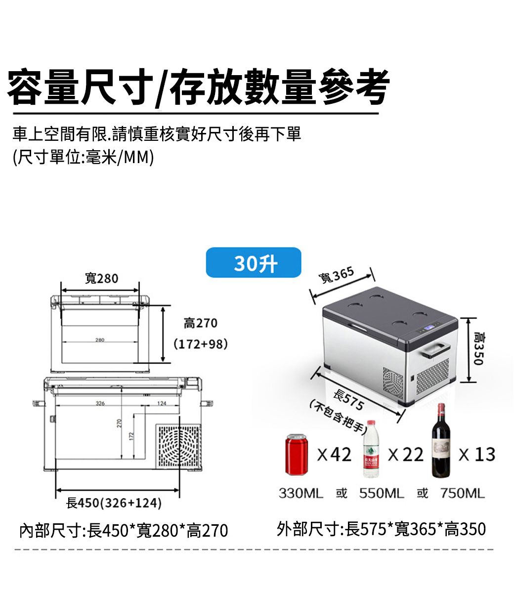 容量尺寸/存放數量參考車上空間有限.請慎重核實好尺寸後再下單(尺寸單位:毫米/MM)寬280280326124450(326124)高270(172+98)寬365內部尺寸:長450*寬280*高270高350長575(不包含把手)42 22X 13330ML 或550ML 或750ML外部尺寸:長575*寬365*高350