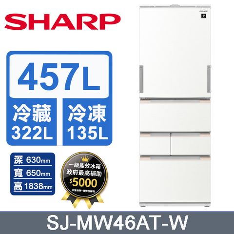 SHARP夏普 457公升AIoT智慧任意門除菌變頻五門冰箱(雅典白)SJ-MW46AT-W含基本運送+拆箱定位+回收舊機
