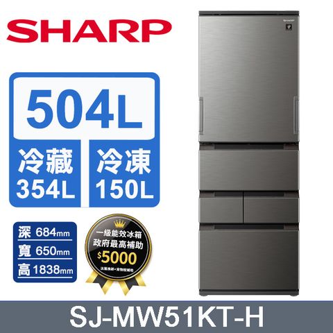 SHARP 夏普 504公升左右開任意門變頻五門冰箱(尊爵灰)SJ-MW51KT-H含基本運送+拆箱定位+回收舊機