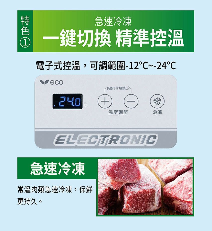 ①急速冷凍切換 精準控溫電子式控溫,可調範圍12~-24eco-長按3秒解鎖解鎖 240+榮溫度調節急凍ELECTRONIC急速冷凍常溫肉類急速冷凍,保鮮更持久。