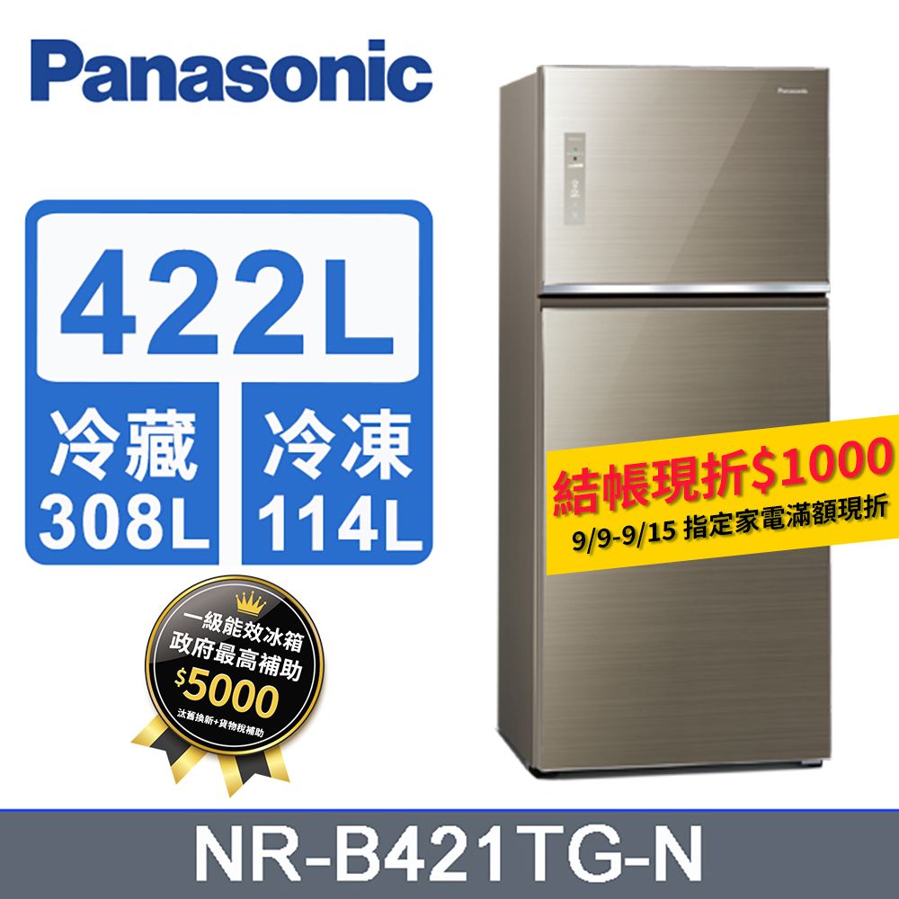 Panasonic 國際牌 422L玻璃雙門變頻冰箱 NR-B421TG-N(翡翠金)《含基本運送+拆箱定位+回收舊機》