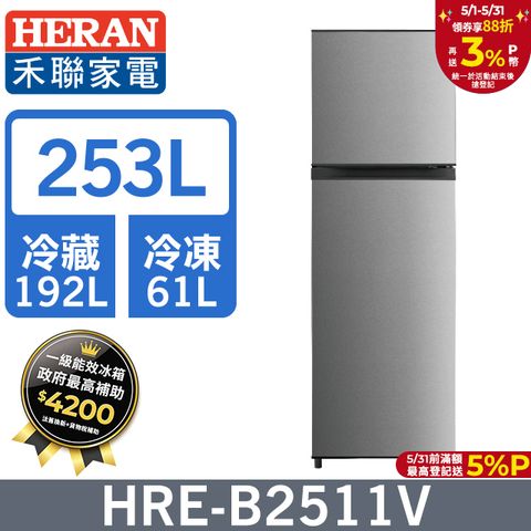 HERAN 禾聯 253L一級變頻 窄身雙門電冰箱HRE-B2511V