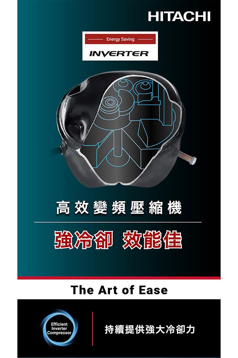 Energy SavingINVERTEREfficientInverterCompressorHITACHI高效變頻壓縮機強冷卻 效能The Art of Ease持續提供強大冷卻力