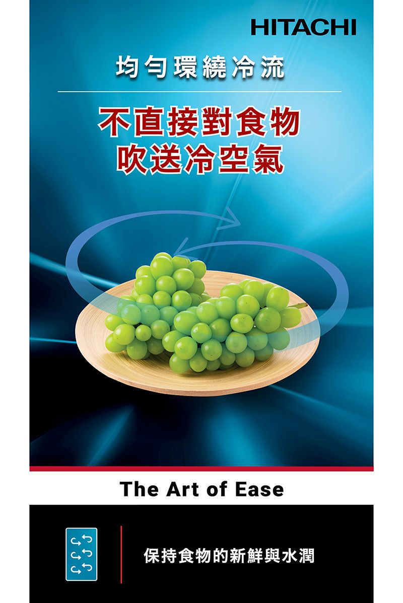 JHITACHI均勻環繞冷流不直接對食物吹送冷空氣The Art of Ease保持食物的新鮮與水潤