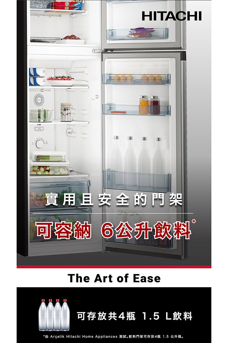 HITACHIFreshSelect實用且安全的門架可容納6公升飲料 The Art of Ease可存放共4瓶 1.5 L飲料*由 Arçelik Hitachi Home Appliances 測試。飲料門架可存放4瓶 1.5 公升瓶。