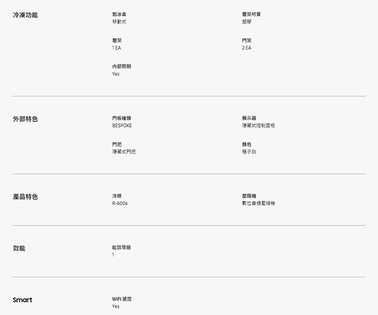 冷凍功能製冰盒移動式層架材質層架1EAYes外部特色門板種類BESPOKE門架2EA顯示器隱藏式控制面板門把隱藏式門把颜色梔子白產品特色冷媒效能R-600a數位能效等级1SmartWiFi 控Yes