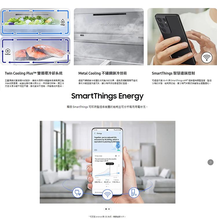 Twin Cooling PlusT 雙循環卻三星循設計分食材保留Metal Cooling 不鏽鋼鎖技術冷效果食物冷水保持的SmartThings 智慧遠端制 -  SmartThings App 度控的冷SmartThings 藉由 SmartThings 即時監控各装置的分析用電狀況Energy,    by    to planting        系統,溫。