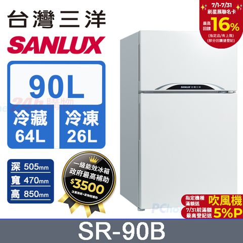 【SANLUX 台灣三洋】90L 一級能效雙門小冰箱 （SR-90B）