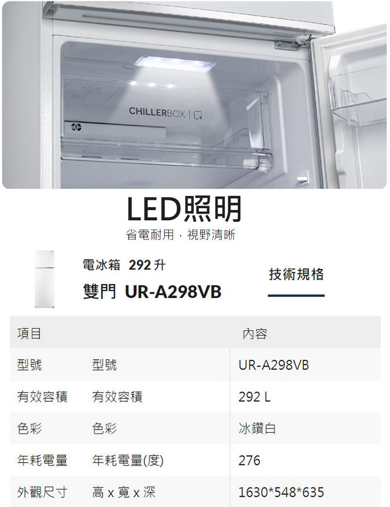 CHILLERBOX LED照明省電耐用,視野清晰電冰箱 292 升雙門 UR-A298VB技術規格項目內容型號型號UR-A298VB有效容積有效容積292 L色彩色彩冰鑽白年耗電量年耗電量(度)276外觀尺寸高寬x深1630548*635