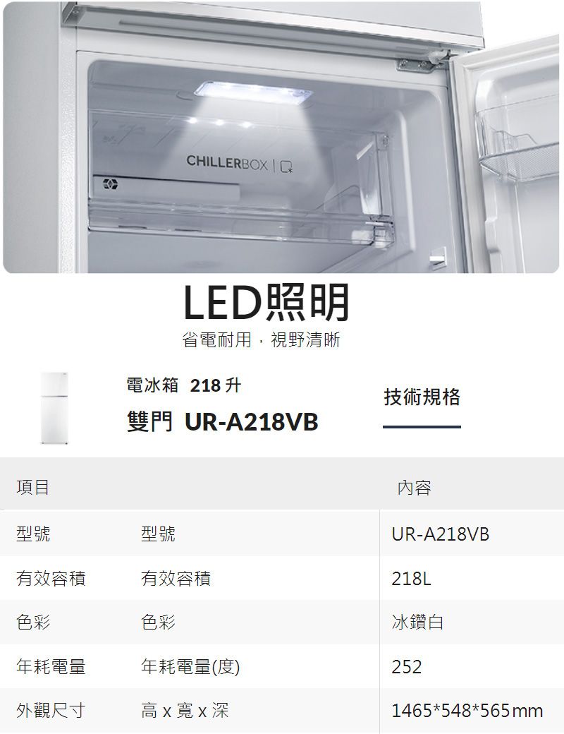 項目CHILLERBOX LED照明省電耐用,視野清晰電冰箱 218升雙門 UR-A218VB技術規格內容型號型號UR-A218VB有效容積有效容積218L色彩色彩冰鑽白年耗電量年耗電量(度)252外觀尺寸高x寬x深1465*548*565mm