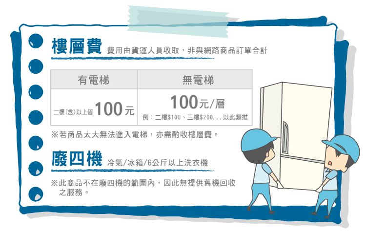 樓層費費用由貨運人員收取,非與網路商品訂單合計有電梯無電梯二樓(含)以上皆100元100元/層例:二樓$100、三樓$200以此類推※若商品太大無法進入電梯,亦需酌收樓層費。廢四機 冷氣/冰箱/6公斤以上洗衣機※此商品不在廢四機的範圍內,因此無提供舊機回收之服務。