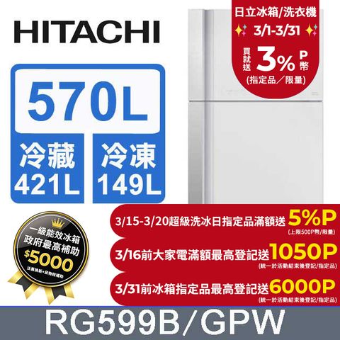 HITACHI 日立 570公升變頻琉璃面板雙門冰箱 RG599B琉璃白(GPW)