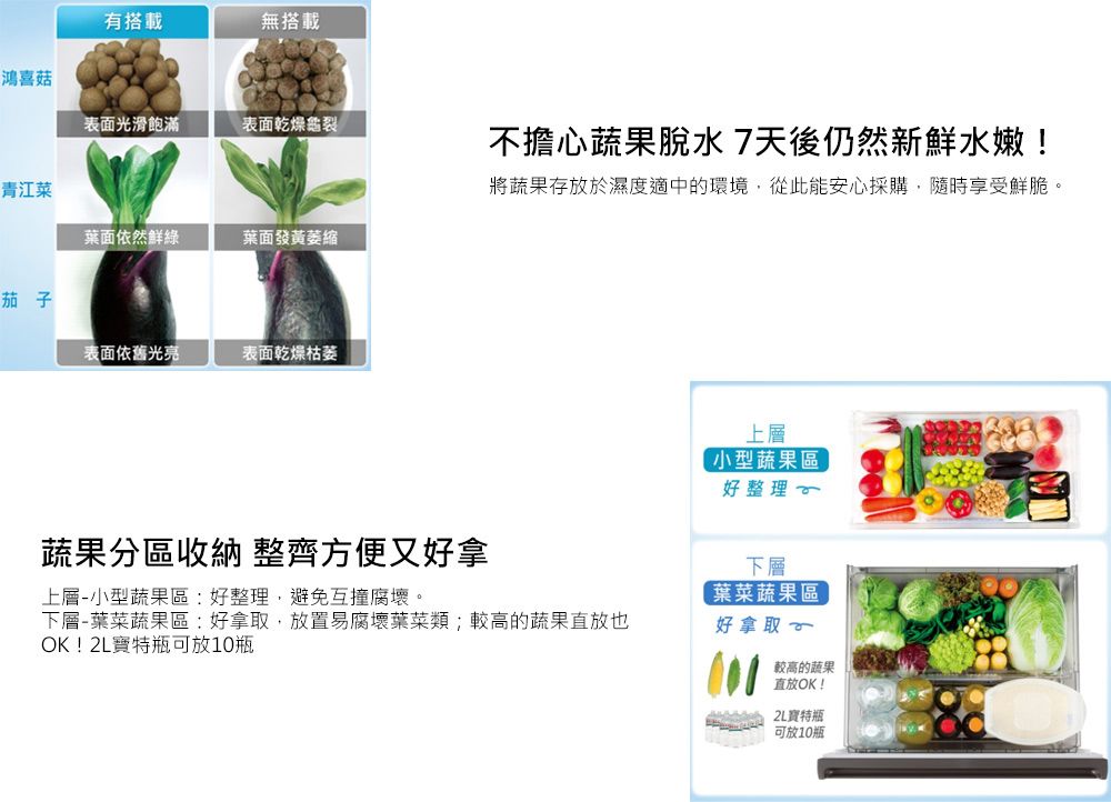 有搭載無搭載鴻喜菇表面光滑飽滿表面乾燥不擔心蔬果脫水7天後仍然新鮮水嫩!青江菜將蔬果存放於濕度適中的環境,從此能安心採購,隨時享受鮮脆。葉面依然鮮綠葉面發黃萎縮茄子表面依舊光亮表面乾燥枯萎蔬果分區收納 整齊方便又好拿上層-小型蔬果區:好整理,避免互撞腐壞。下層-蔬果區:好拿取,放置易腐壞葉菜類;較高的蔬果直放也OK!2L寶特瓶可放10瓶上層小型蔬果區好整理下層葉菜蔬果區好拿取較高的蔬果直放OK!2L寶特瓶可放10瓶