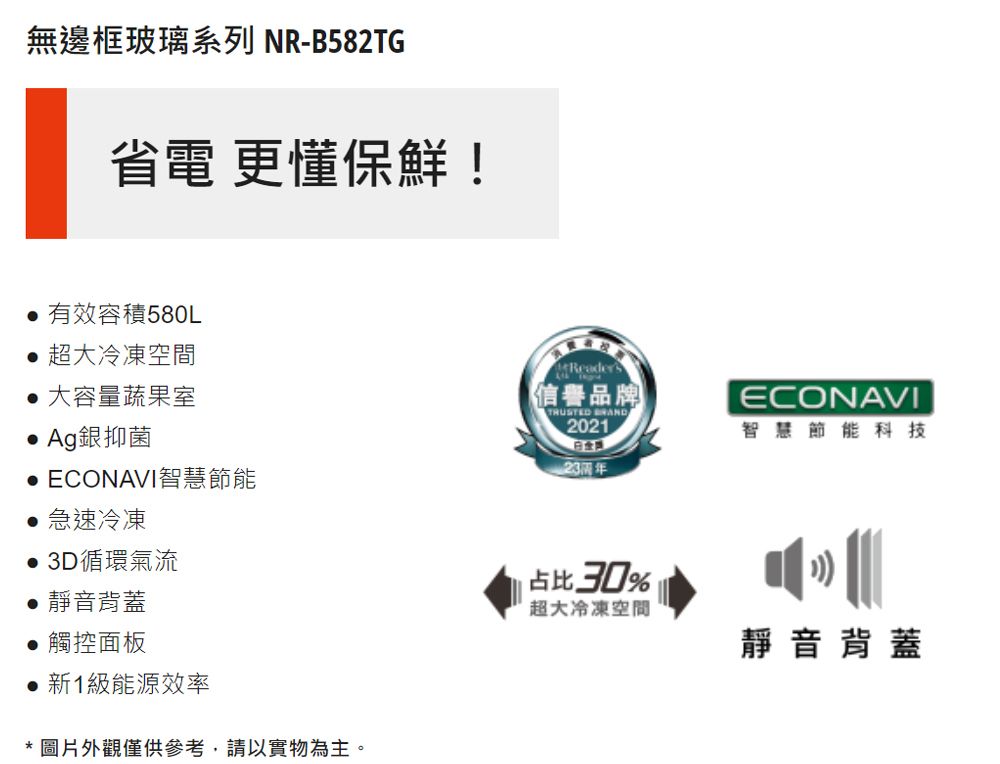 無邊框玻璃系列 NR-B582TG省電 更懂保鮮! 有效容積580L 超大冷凍空間 大容量蔬果室 Ag銀抑菌ECONAVI智慧節能急速冷凍3D循環氣流Readers信譽品牌 202123靜音背蓋 觸控面板●1級能源效率*圖片外觀僅供參考,請以實物為主。占比30%ECONAVI智慧節能科技超大冷凍空間靜音背蓋