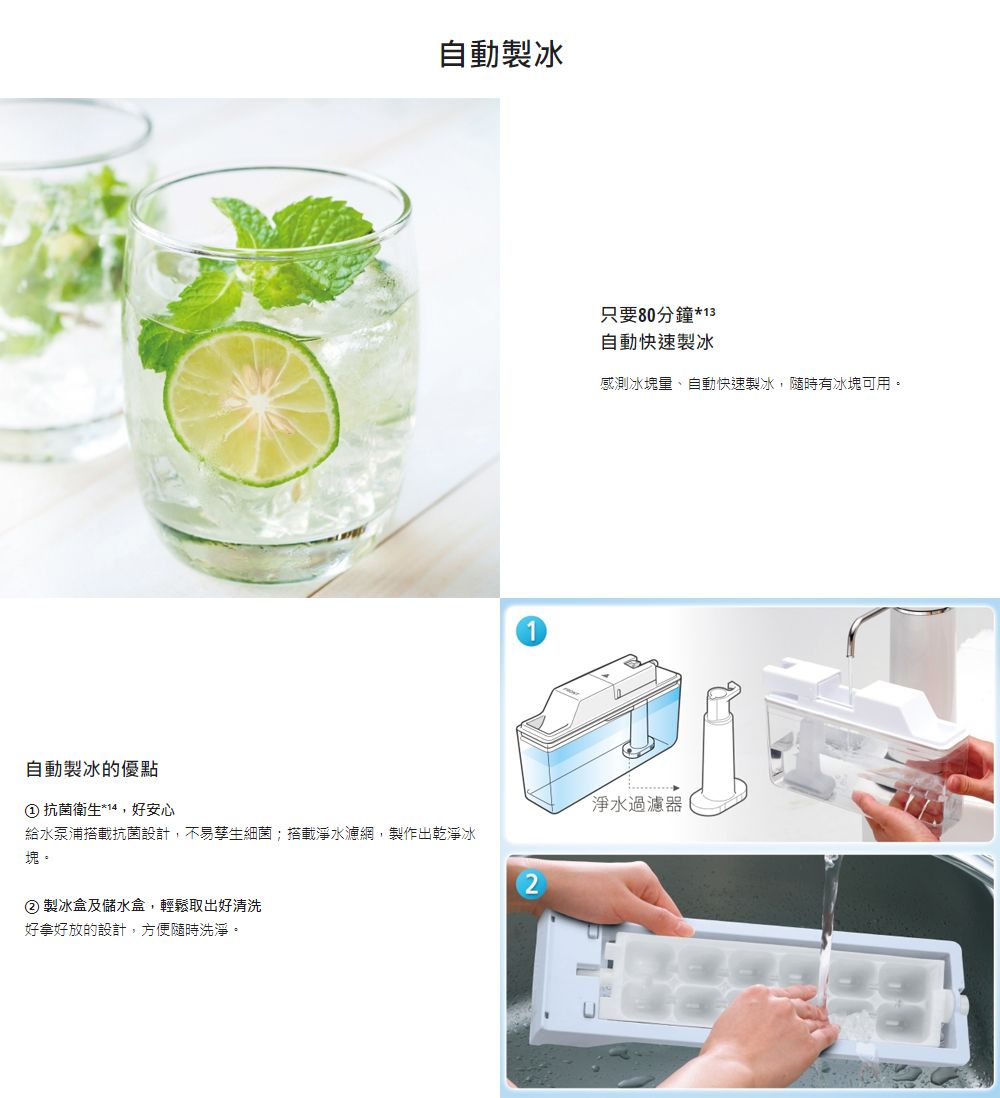 自動製冰的優點自動製冰 抗菌衛生*14,好安心給水泵浦搭載抗菌設計,不易孳生細菌;搭載淨水濾網,製作出乾淨冰塊。② 製冰盒及儲水盒,輕鬆取出好清洗好拿好放的設計,方便隨時洗淨。只要80分鐘*13自動快速製冰感測冰塊量、自動快速製冰,隨時有冰塊可用。淨水過濾器