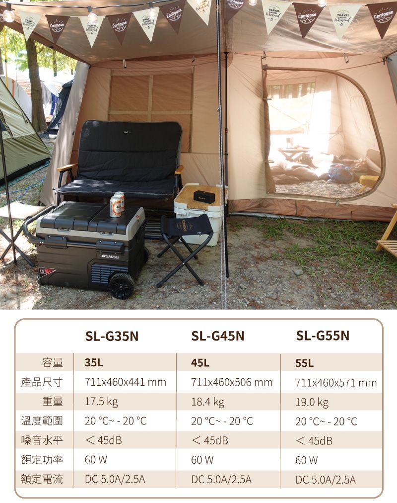 ontooseTRAVELSL-G35N容量35L產品尺寸711x460x441 mm重量17.5 kg18.4 kgSL-G45N45L711x460x506 mmSL-G55N55L711x460x571 mm19.0 kg溫度範圍噪音水平20  20 C  C20 C  C45dB額定功率60 W45dB60 W 45dB60 W額定電流DC 5.0A/2.5ADC 5.0A/2.5ADC 5.0A/2.5A