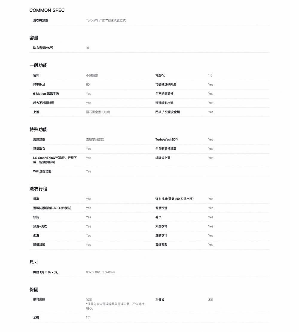 OMMON SPEC洗衣機類型TurboWash3D™勁速洗直立式容量洗衣容量(公斤)16一般功能色彩不鏽鋼電壓(V)110频率(Hz)60可變轉速(PPM)6 Motion 媽媽手洗全不銹鋼超大不銹鋼濾網洗清水流上蓋鑽石黑全景式玻璃門鎖/兒童安全鎖特殊功能馬達類型直驅變頻(DD)TurboWash3DTMYes蒸氣洗衣Yes全自動清潔Yes緩降式上蓋YesLG SmartThinQ™(控、行程下Yes載、智慧診斷)WiFi遠控功能Yes洗衣行程標準Yes強力標準(蒸氣+40C水洗)Yes過敏防護(蒸氣+60水洗)智慧洗清YesYes毛巾Yes快洗Yes预洗+洗衣Yes大型Yes運動衣物Yes柔洗Yes殺菌Yes雲端客Yes尺寸機體 (寬 高 深)632 x 1020 x 670mm保固變頻馬達10全機*保固內容含馬達線圈與馬達磁盤,不含槽軸心。年主機板3年
