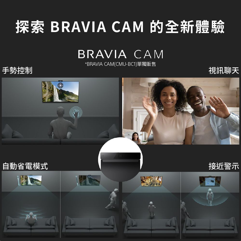 探索 BRAVIA CAM 的全新體驗BRAVIA CAM*BRAVIA CAM(CMU-BC1)單獨販售手勢控制視訊聊天自動省電模式接近警示