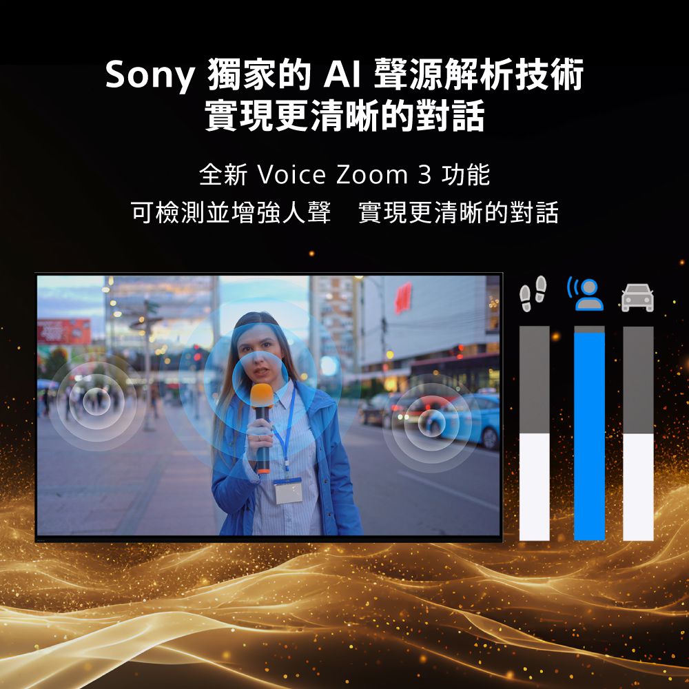 Sony 獨家的  聲源解析技術實現更清晰的對話全新 Voice Zoom 3 功能可檢測並增強人聲 實現更清晰的對話