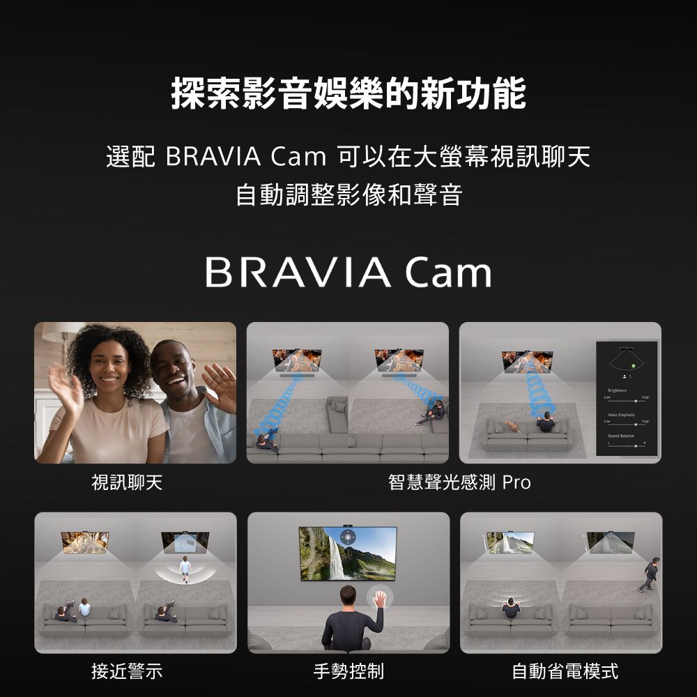 探索影音娛樂的新功能選配 BRAVIA Cam 可以在大螢幕視訊聊天自動調整影像和聲音BRAVIA Cam視訊聊天智慧聲光感測 Pro  接近警示手勢控制自動省電模式