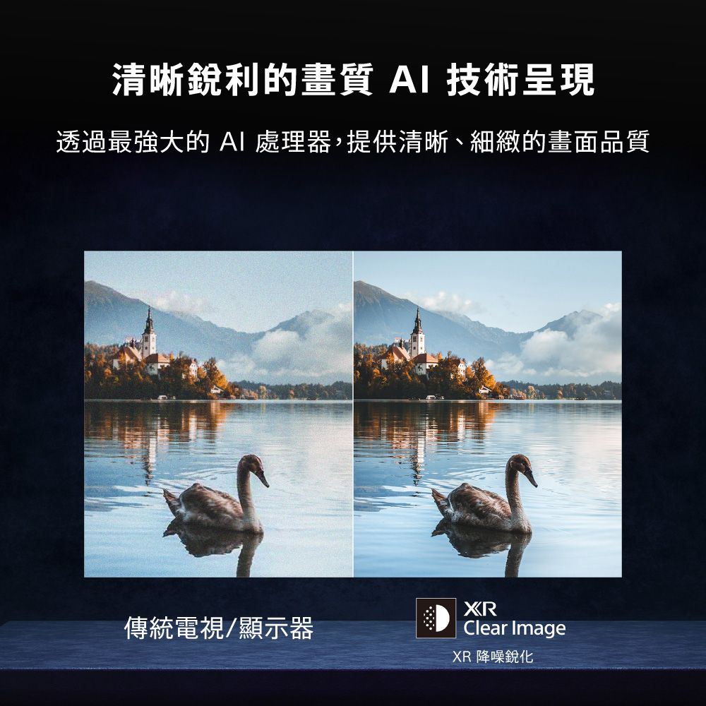 清晰銳利的畫質  技術呈現透過最強大的 AI 處理器,提供清晰、細緻的畫面品質傳統電視/顯示器Clear ImageXR 降噪銳化