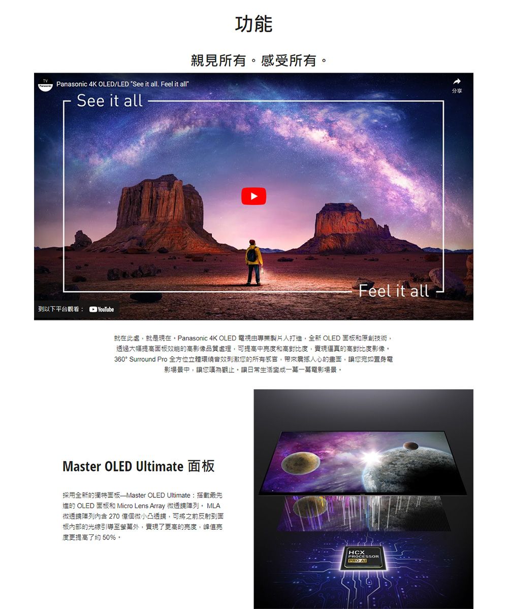 功能親見所有感受所有Panasonic 4K OLED/LED See it all. Feel it allSee it all到以下平台觀看: YouTubeFeel it all就在此處就是現在, Panasonic 4K OLED 電視由專業製片人打造,全新 OLED 面板和原創技術,透過大幅提高面板效能的高影像品質處理,可提高中亮度和高對比度,實現逼真的高對比度影像360° Surround Pro 全方位立體環繞音效刺激您的所有感官,帶來震撼人心的畫面,讓您宛如置身電影場景中,讓您嘆為觀止。讓日常生活變成一幕電影場景。Master OLED Ultimate採用全新的獨特面板——Master OLED Ultimate:搭載的 OLED 面板和 Micro Lens Array 微透鏡。 MLA微透鏡內含 270億個微小凸透鏡,可將之前反射到面板內部的光線引導至外,實現了更高的亮度,峰值亮度更提高了約50%。HCXPROCESSORPRO 分享