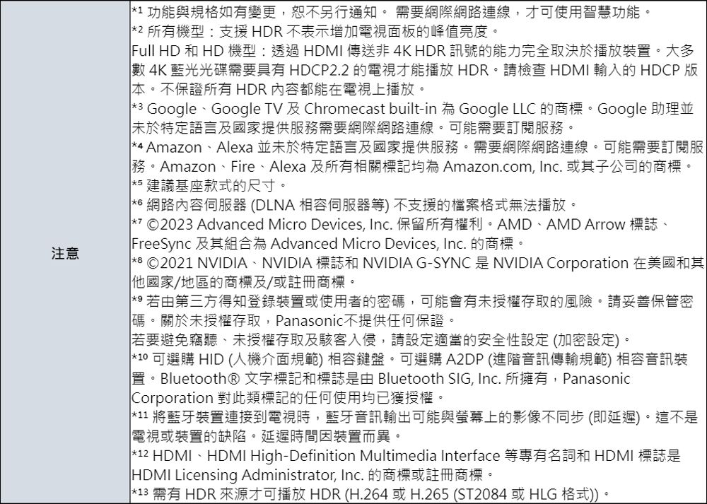 注意1 功能與規格如變更,恕不另行通知 要網際網路連線,才可使用智慧功能。2 所有機型:支援HDR不表示增加電視面板的峰值亮度。Full HD  HD 機型: HDMI 傳送非 4K HDR 訊號的能力完全取決於播放裝置。大多數 4K藍光光碟需要具有 HDCP2.2 的電視才能播放HDR。請檢查 HDMI 輸入的 HDCP 版本。不保證所有 HDR 內容都能在電視上播放。3 GoogleGoogle TV 及 Chromecast built-in 為 Google LLC 的商標。Google 助理並未於特定語言及國家提供服務需要網際網路連線。可能需要訂閱服務。*4 AmazonAlexa 並未於特定語言及國家提供服務。需要網際網路連線。可能需要訂閱服務。Amazon、Fire、Alexa 及所有相關標記均為 Amazon.com, Inc. 或其子公司的商標。* 建議基座款式的尺寸。*6 網路內容伺服器 (DLNA 相容伺服器等) 不支援的檔案格式無法播放。 ©2023 Advanced Micro Devices, Inc. 保留所有權利。AMD、AMD Arrow 標誌、FreeSync 及其組合為 Advanced Micro Devices, Inc. 的商標。  ©2021 NVIDIA、NVIDIA 標誌和 NVIDIA G-SYNC是NVIDIA Corporation 在美國和其他國家/地區的商標及/或註冊商標。 若由第三方得知登錄裝置或使用者的密碼,可能會有未授權存取的風險。請妥善保管密碼。關於未授權存取,Panasonic不提供任何保證。若要避免竊聽、未授權存取及駭客入侵,請設定適當的安全性設定(加密設定)。*10 可選購 HID (人機介面規範)相容鍵盤。可選購 A2DP(進階音訊傳輸規範) 相容音訊裝置。Bluetooth® 文字標記和標誌是由 Bluetooth SIG, Inc. 所擁有,PanasonicCorporation 對此類標記的任何使用均已獲授權。*11 將藍牙裝置連接到電視時,藍牙音訊輸出可能與螢幕上的影像不同步(即延遲)。這不是電視或裝置的缺陷。延遲時間因裝置而異。*12 HDMI、HDMI High-Definition Multimedia Interface 等專有名詞和 HDMI 標誌是 HDMI Licensing Administrator, Inc. 的商標或註冊商標。| *13 需有 HDR 來源才可播放 HDR (H.264 或 H.265 (ST2084 或 HLG 格式))。