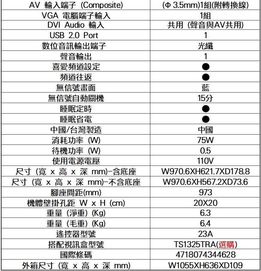 AV 輸入端子Composite)VGA 電腦端子輸入DVI Audio 輸入USB 2.0 Port數位音訊輸出端子聲音輸出喜愛頻道設定頻道往返無信號畫面無信號自動關機睡眠定時睡眠省電中國/台灣製造消耗功率()待機功率(W)使用電源電壓尺寸(   mm)含底座尺寸( 高x 深mm)不含底座腳座間距(mm)機體壁掛孔距 W x H (cm)重量(淨重)(Kg)重量(毛重)(Kg)遙控器型號(中 3.5mm)1組(附轉換線)1組共用(聲音與AV共用)1光纖1藍15分中國75W0.5110VW970.6XH621.7XD178.8W970.6XH567.2XD73.697320X206.36.423A搭配視訊盒型號國際條碼外箱尺寸(寬 x 高 x 深 mm)TS1325TRA(選購)4718074344628W1055XH636XD109