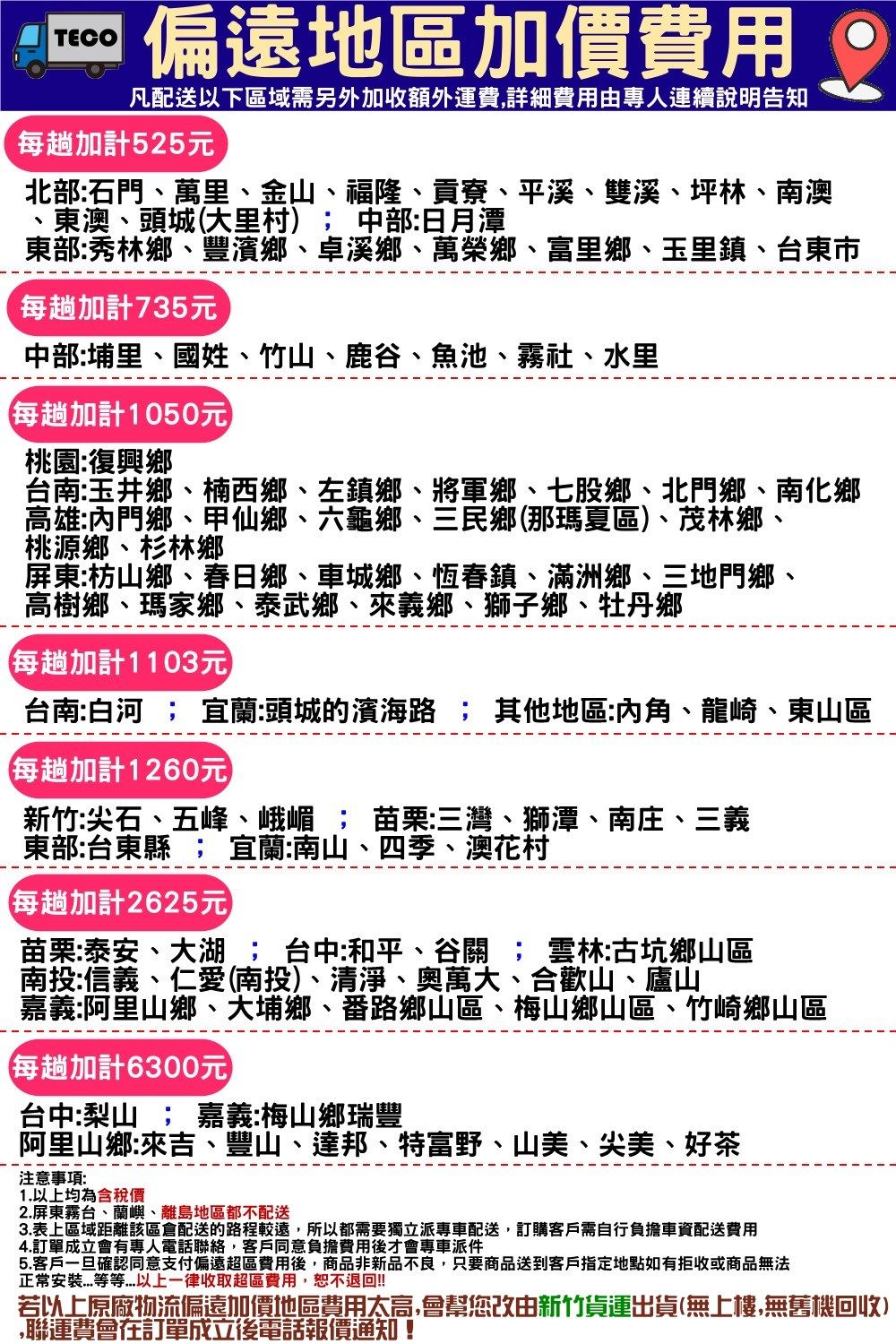 TECO偏遠地區加價費用。凡配送以下區域需另外加收額外運費,詳細費用由專人連續說明告知每趟加計525元北部石門萬里金山福隆、貢寮、平溪、雙溪、坪林、南澳、東澳、頭城大里村)中部日月潭東部:秀林鄉、豐濱鄉、卓溪鄉、萬榮鄉、富里鄉、玉里鎮、台東市每趟加計735元中部:埔里、國姓、竹山、鹿谷、魚池、霧社、水里每趟加計1050元桃園:復興鄉台南:玉井鄉、楠西鄉、左鎮鄉、將軍鄉、七股鄉、北門鄉、南化鄉高雄:內門鄉、甲仙鄉、六龜鄉、三民鄉那瑪夏區)、茂林鄉、桃源鄉、杉林鄉屏東:枋山鄉、春日鄉、車城鄉、恆春鎮、滿洲鄉、三地門鄉、高樹鄉、瑪家鄉、泰武鄉、來義鄉、獅子鄉、牡丹鄉每趟加計1103元台南:白河 ; 宜蘭:頭城的濱海 ; 其他地區:內角、龍崎、東山區每趟加計1260元新竹尖石、五峰、峨嵋 ; 苗栗:三灣、獅潭、南庄、三義東部:台東縣 ; 宜蘭:南山、四季、澳花村(每趟加計2625元苗栗:泰安、大湖; 台中和平、谷關; 雲林:古坑鄉山區南投:信義、仁愛(南投)、清淨、奧萬大、合歡山、廬山嘉義:阿里山鄉、大埔鄉、番路鄉山區、梅山鄉山區、竹崎鄉山區(每趟加計6300元台中:梨山 ; 嘉義:梅山鄉瑞豐阿里山鄉:來吉、豐山、達邦、特富野、山美、尖美、好茶注意事項:1.以上均為含稅價2.屏東霧台、蘭嶼、離島地區都不配送3.表上區域距離該區配送的路程較遠,所以都需要獨立派專車配送,訂購客戶需自行負擔車資配送費用4.訂單成立會有專人電話聯絡,客戶同意負擔費用後才會專車派件5.客戶一旦確認同意支付偏遠超區費用後,商品非新品不良,只要商品送到客戶指定地點如有拒收或商品無法正常以上一律收取超區費用,恕不退回!!若以上原廠物流偏遠加價地區費用太高,會幫您改由新竹貨運出貨(無上樓,無舊機回收),聯運費會在訂單成立後電話報價通知!