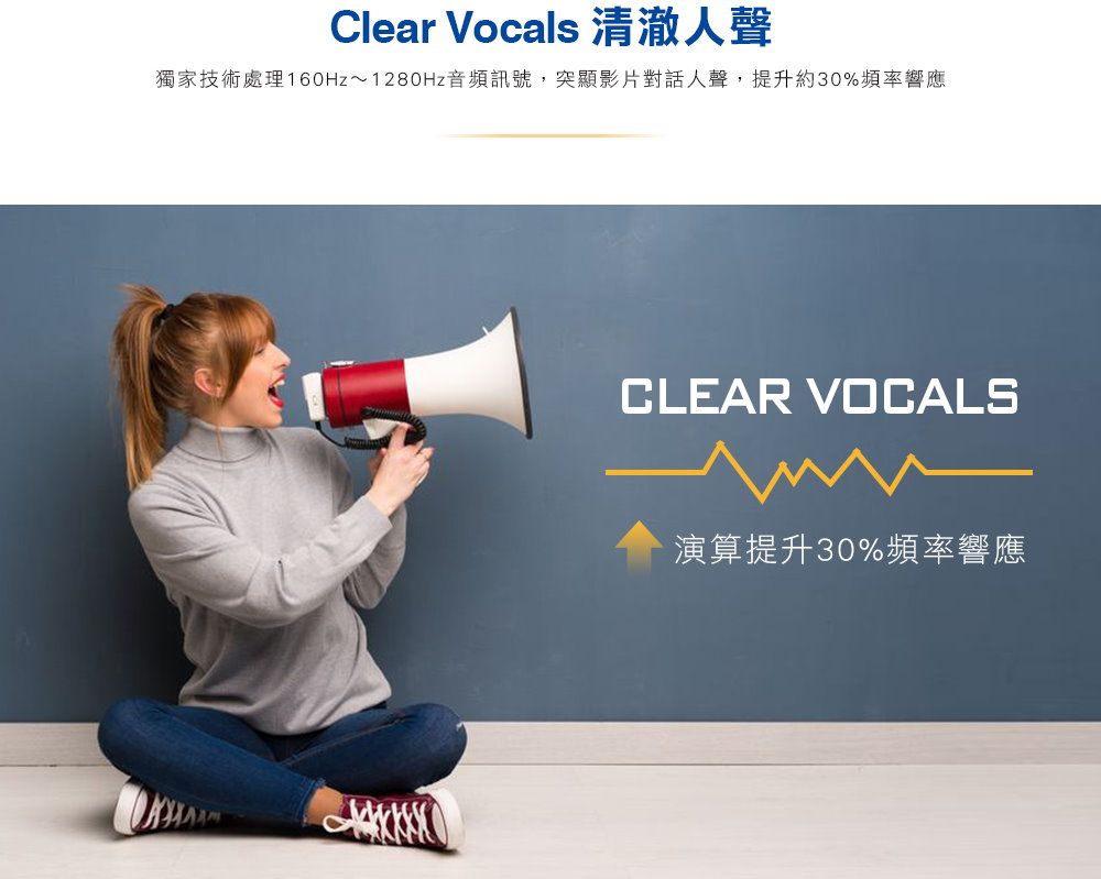 Clear Vocals 清澈人聲獨家技術處理160Hz~1280Hz音頻訊號,突顯影片對話人聲,提升約30%頻率響應CLEAR VOCALS演算提升30%頻率響應
