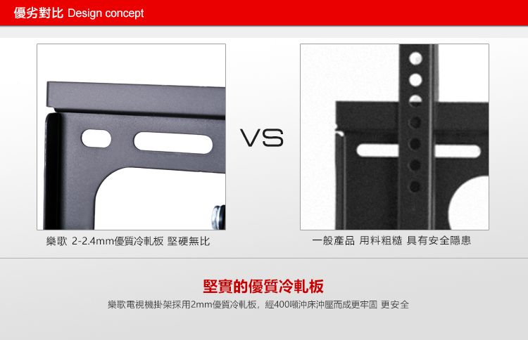 優劣對比 Design concept樂歌 2-2.4mm優質冷軋板 堅硬無比一般產品 用料粗糙 具有安全隱患堅實的優質冷軋板樂歌電視機掛架採用2mm優質冷軋板,經400噸沖床沖壓而成更牢固 更安全