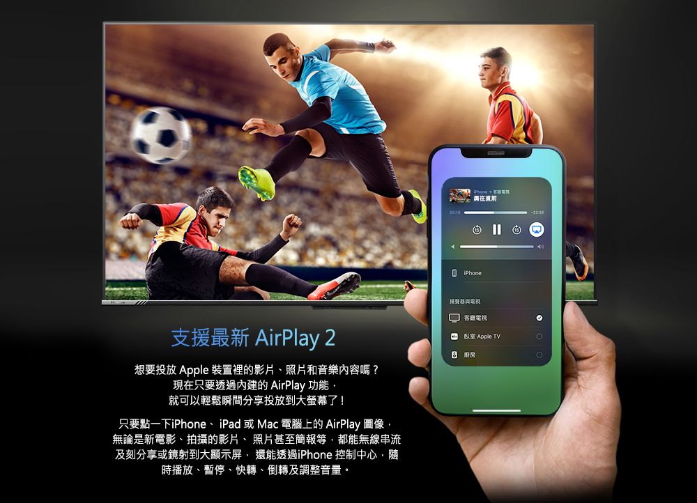 支援最新 Airlay 2想要投放 Apple 裝置裡的影片、照片和音樂內容嗎?現在只要透過內建的AirPlay 功能就可以輕鬆瞬間分享投放到大螢幕了!只要點一下i、iPad 或Mac 電腦上的 AirPlay 圖像無論是新電影、拍攝的影片、照片甚至簡報等都能無線串流及刻分享或鏡射到大顯示屏還能透過 控制中心,隨時播放、暫停、快轉、倒轉及調整音量。PhoneP iPhone揚聲器電視客廳電視臥室 Apple TV 廚房