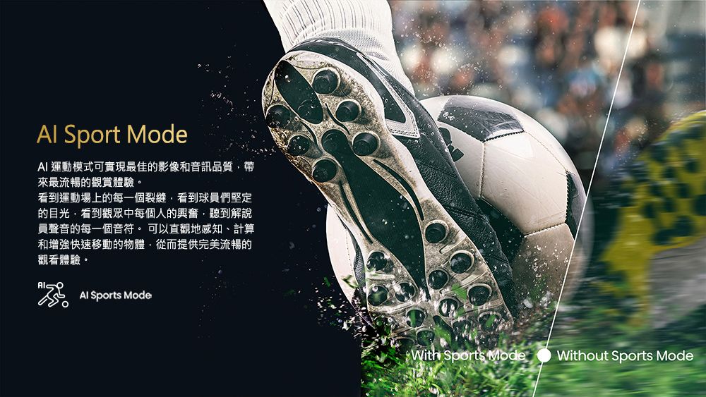 Sport ModeAI運動模式可實現最佳的影像和音訊品質帶來最流暢的觀賞體驗看到運動場上的每一個裂縫,看到球員們堅定的目光,看到觀眾中每個人的興奮,聽到解說員聲音的每一個音符。 可以直觀地感知、計算和增強快速移動的物體,從而提供完美流暢的觀看體驗。。 Sports ModeWith Sports ModeWithout Sports Mode