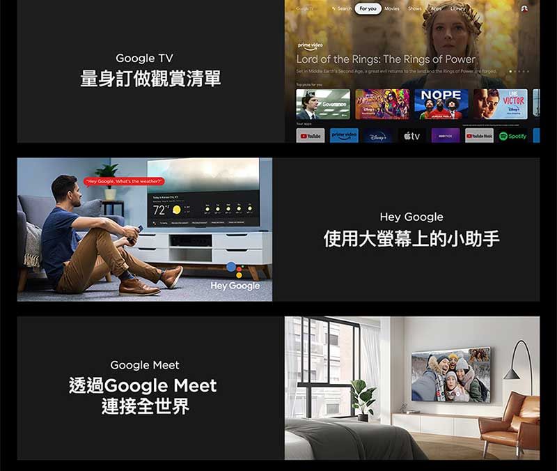 Googl TVSearch you   Lord   : The Rgs of        the Rings of Power   in   量身訂做觀賞清單 Google Whats the weather72Hey GoogleGoogle Meet透過Google Meet連接全世界NOPEeVICTORHey Google使用大螢幕上的小助手Spotify