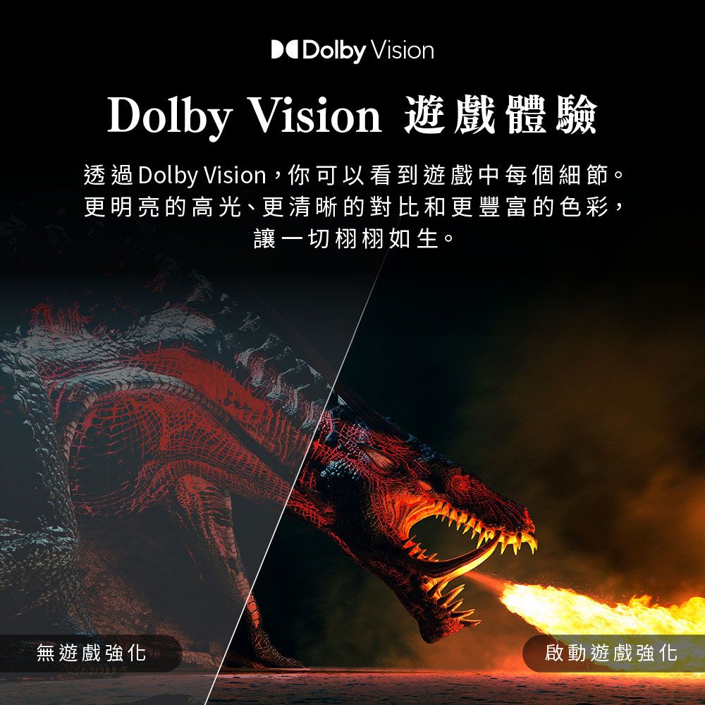 無遊戲強化Dolby VisionDolby Vision 遊戲體驗透過Dolby Vision,你可以看到遊戲中每個細節。更明亮的高光、更清晰的對比和更豐富的色彩,讓一切栩栩如生。啟動遊戲強化