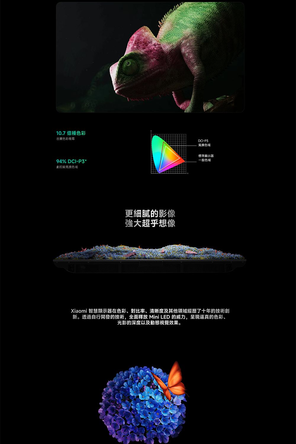 10.7 億種色彩忠實色彩94% DCI-P3*劇院級寬廣色域更細膩的影像強大超乎想像DCI-P3寬廣色域標準顯示器一般色域Xiaomi 智慧顯示器在色彩、對比率、清晰度及其他領域經歷了十年的技術創新。透過自行開發的技術,全面釋放 Mini LED 的威力,呈現逼真的色彩、光影的深度以及動態視覺效果。